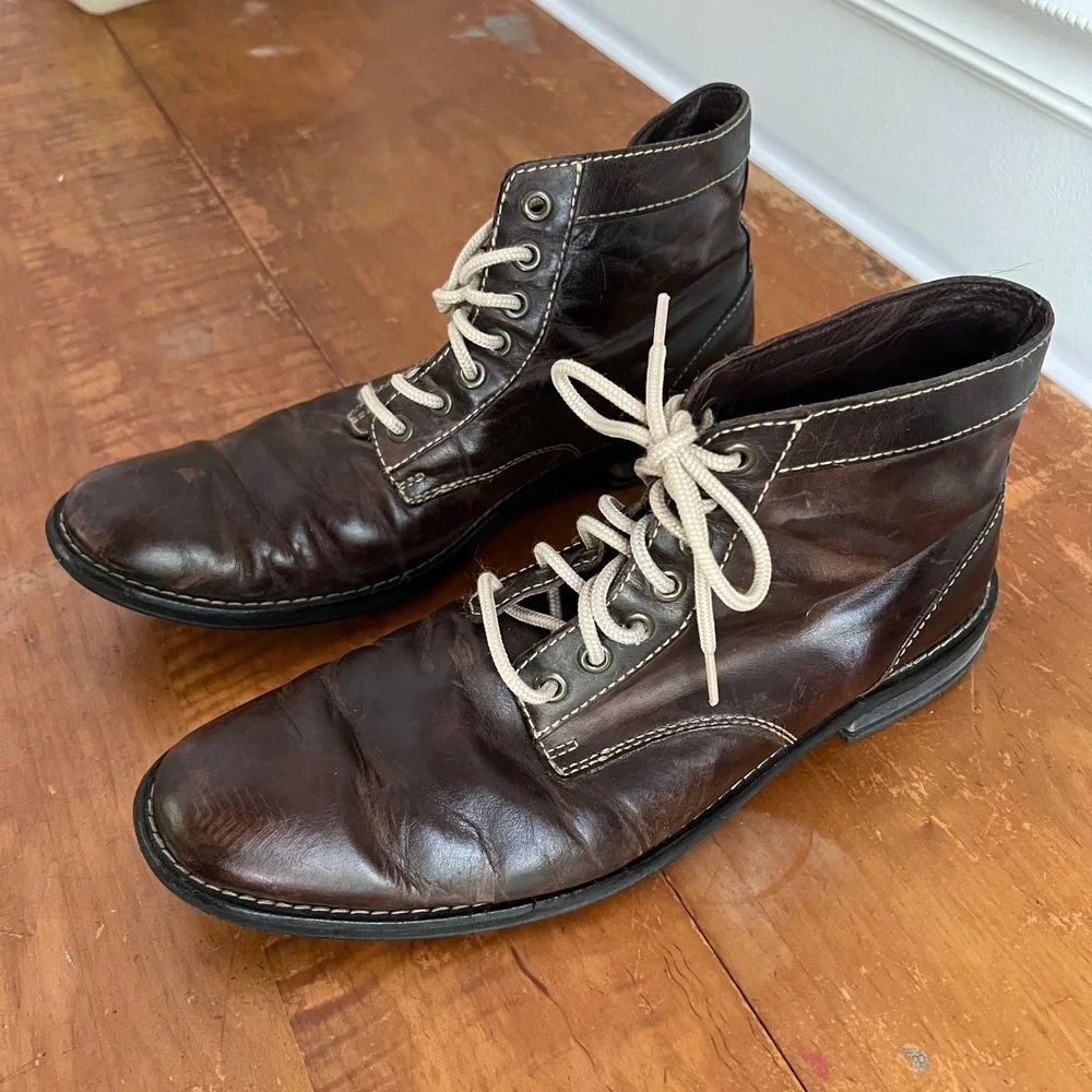 Cole Haan Vtg Distressed Boots Mens 10.5 Leather Lace Up Brown‎ Rugged Preloved